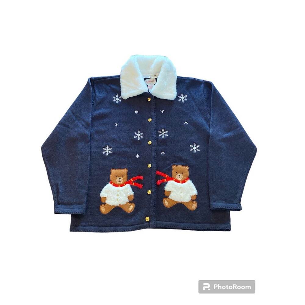 Crystal Kobe Button Down Navy Cardigan Sweater Furry Bears Removable Collar - M